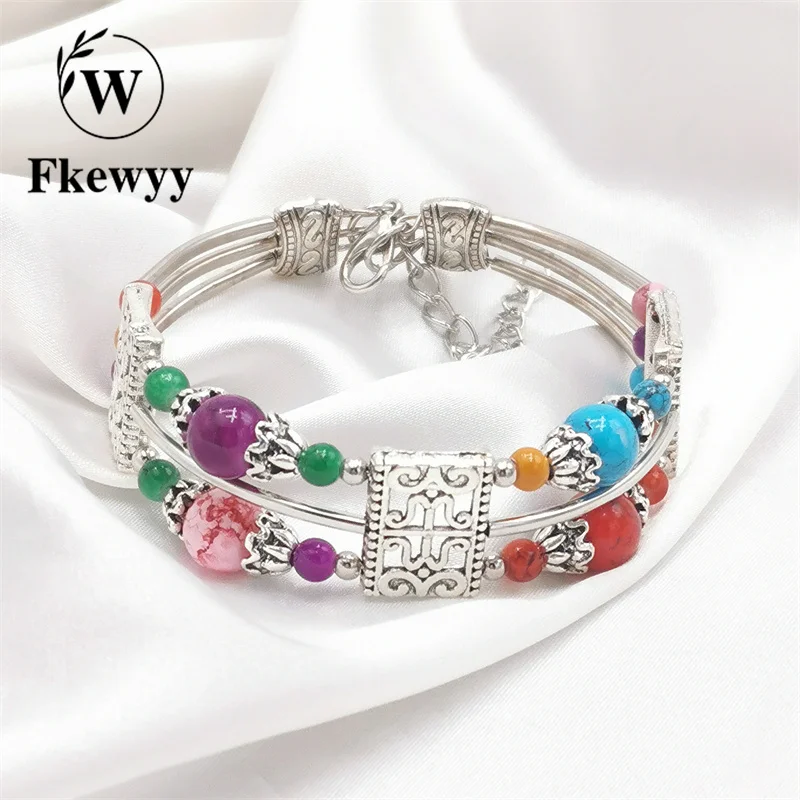 

Fkewyy Women's Ethnic Bracelet Multicolor Design Jewelry Bangles Round Lock Chain Bracelet Boho Accessories Craft Girls Bangles