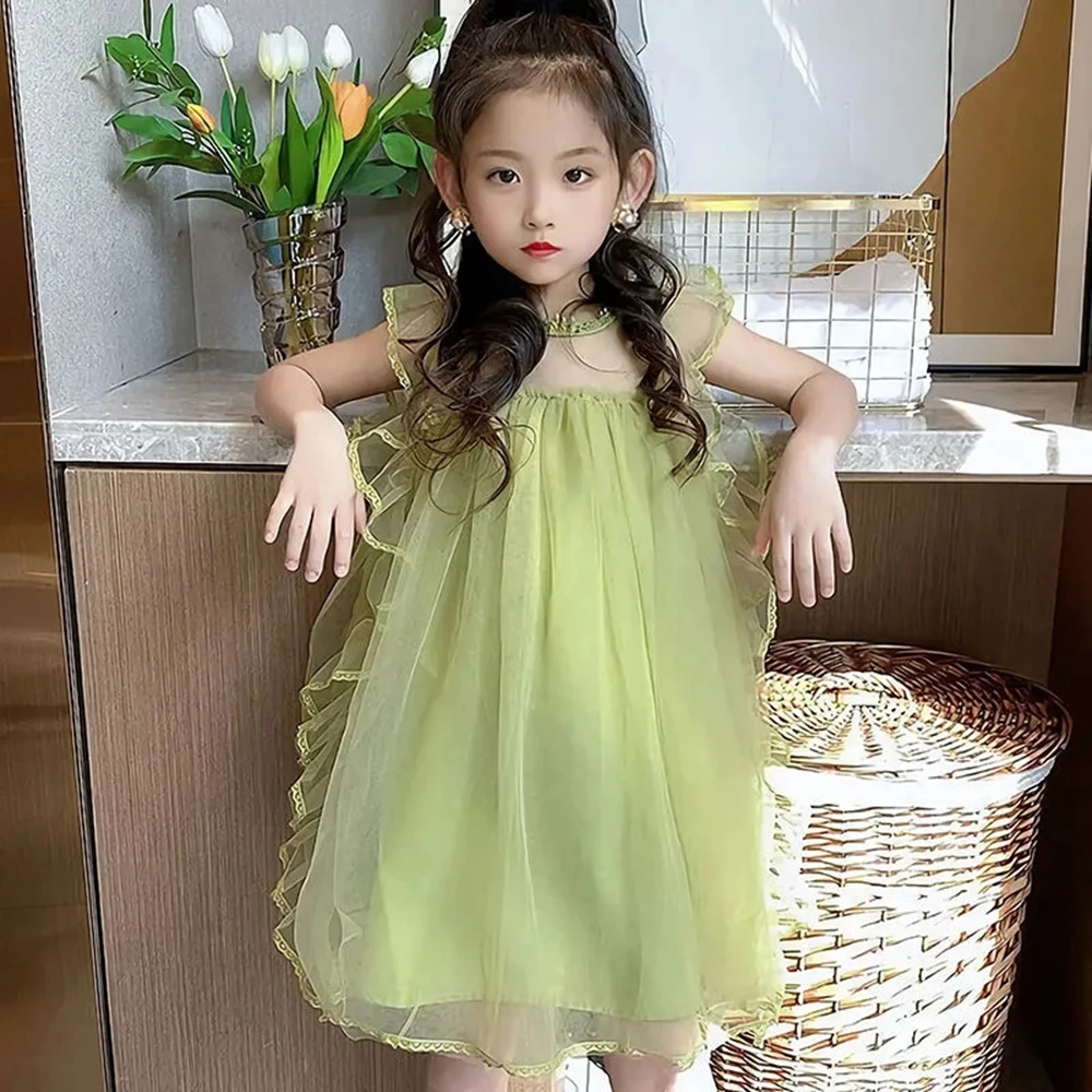 Summer Toddler Girl Dresses 4-12 Years Chidlren's Clothing Girl Green Princess Party Dress Korean Girls Sleeveless Dresses 10