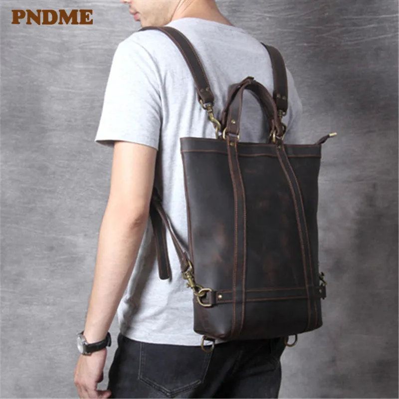 PNDME vintage crazy horse cowhide men women backpack travel natural genuine leather multifunctional bagpack work laptop bookbag