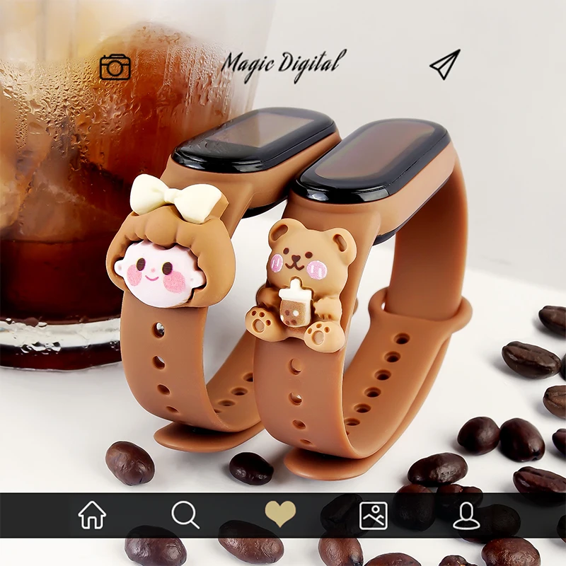 

For MI Band 6 Watch Bracelet Of Mi Band 7 6 5 4 3 Silicone Watch Strap Rice coffee Doll Smart Replacement Wristband