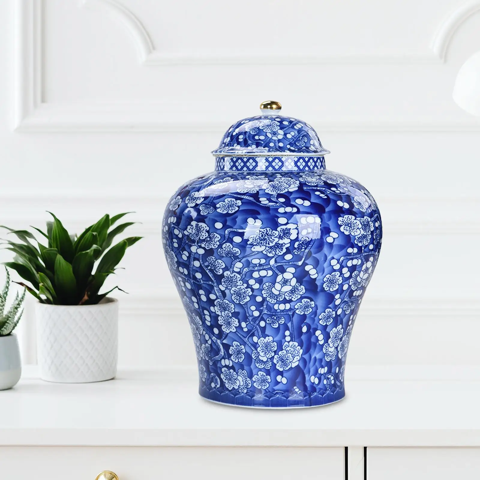 

Plum Porcelain Vase Ginger Jar with Lid Asian Decor Glazed Blue and White Floral Vase