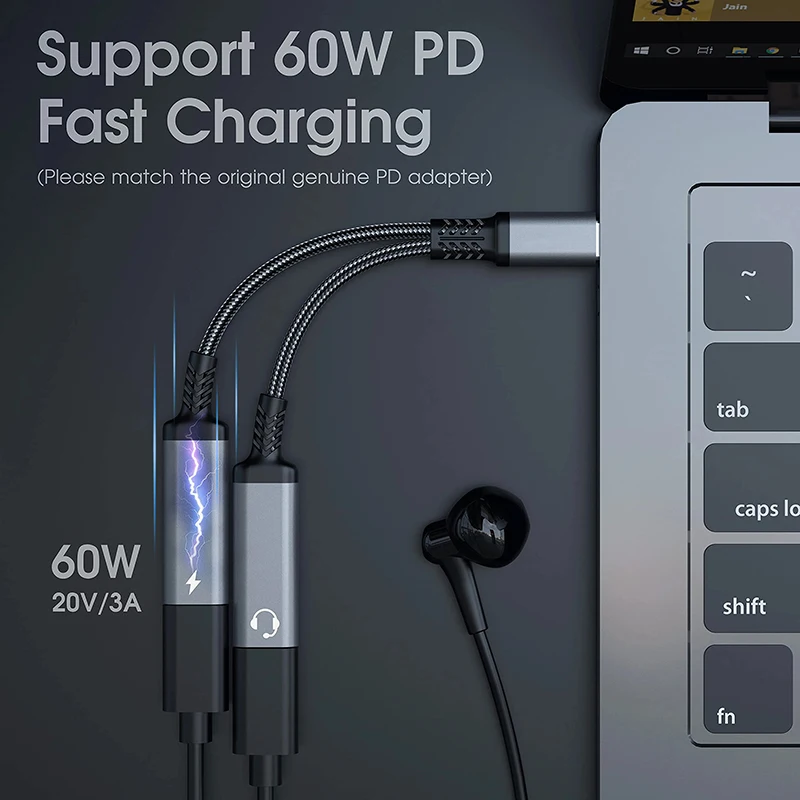 Кабель Для Быстрой Зарядки PD 60 Вт Разветвитель USB C 2-в-1 Аудиоадаптер С Разъемом