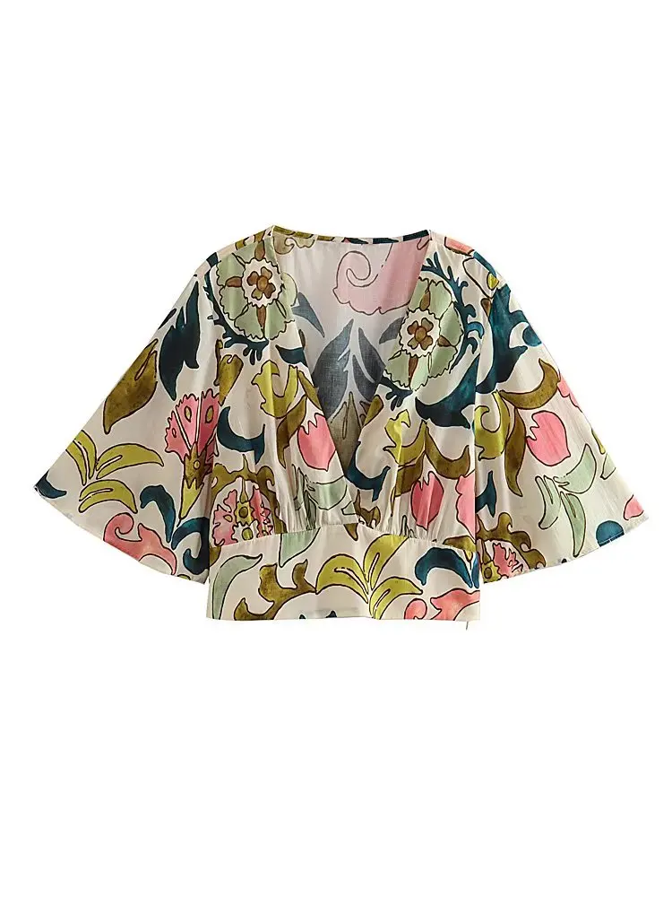 

ZXQJ 2023 женские модные с кружевом укороченные рубашки с цветочным принтом винтажные женские рубашки с длинным рукавом Блузы шикарные топы