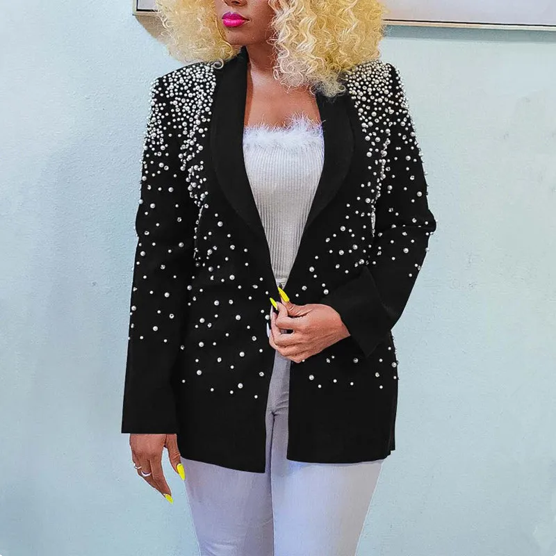 Newest 2023 Stylish Designer Beading Blazers Jacket Women's V-neck Long Sleeve Lapel Long Blazer Outwear