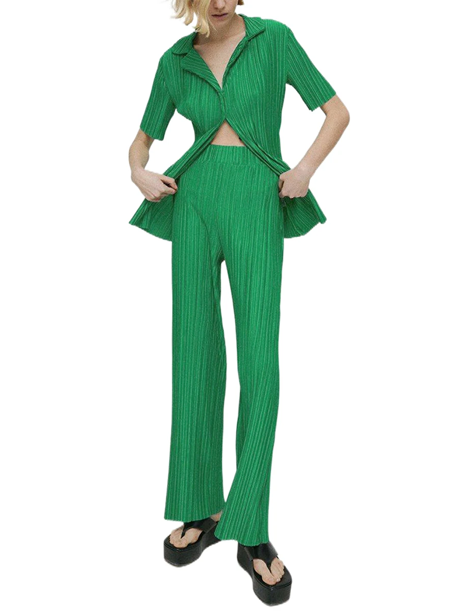 

Women 2Pcs Casual Outfits Set Button Down Shirt Cardigan Top High Waist Wide Leg Pants Set Solid Pleated Jumpsuit