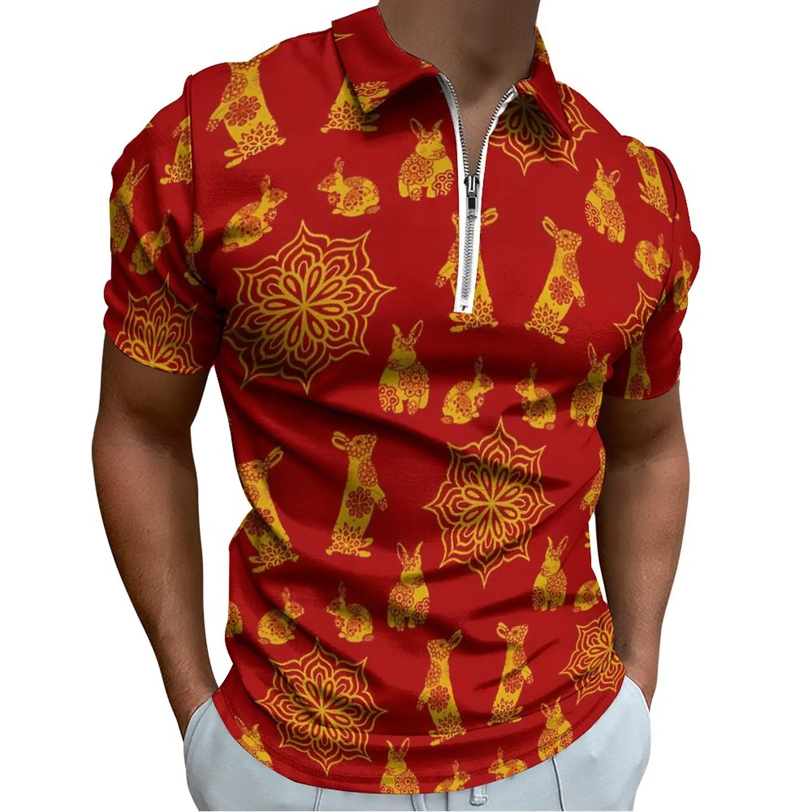

Year of The Rabbit Casual T-Shirts Gold Mandala Polo Shirts Turn Down Collar Fashion Shirt Male Custom Top Plus Size 4XL 5XL