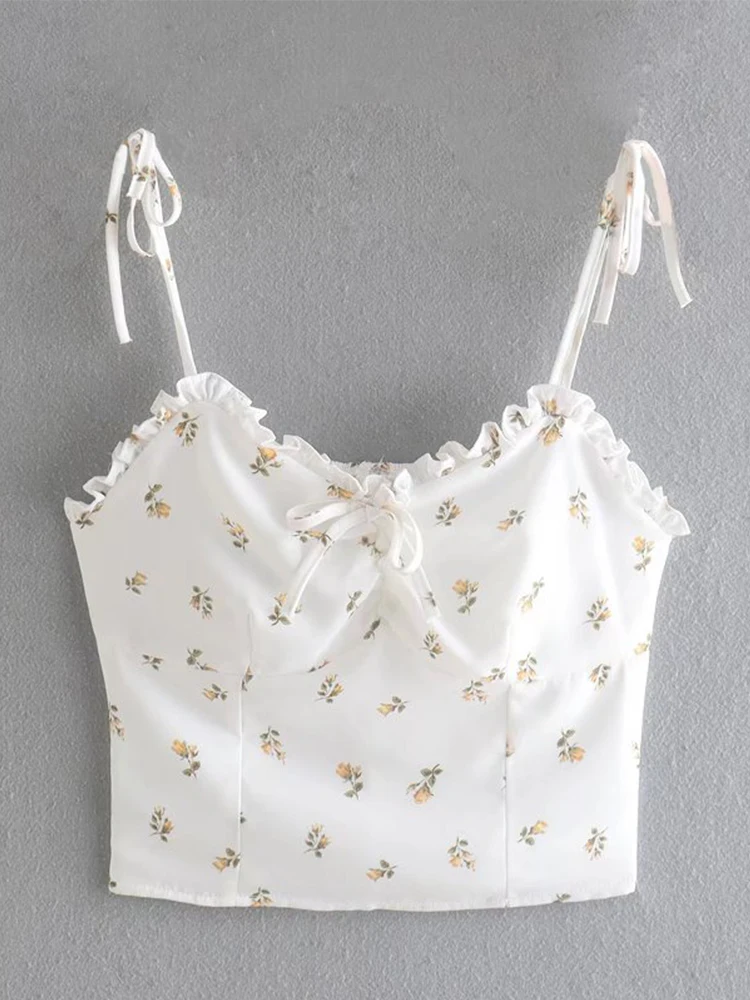 

2022 Fashion Women Sweet Floral Print White Cami Top Sexy Ladies Summer Chiffon Chic Crop Top