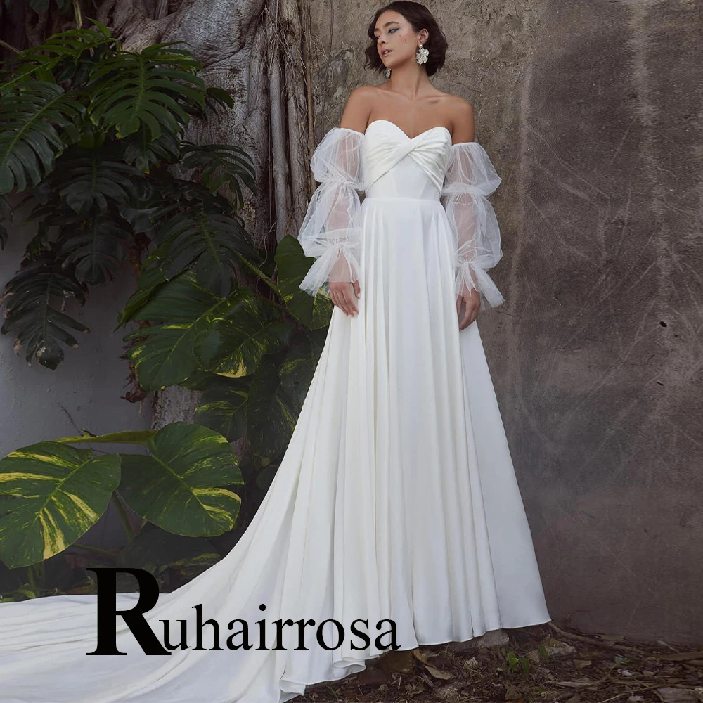 

Ruhair Simple Court Train Wedding Dresses For Women Puff Sleeves Formal Brides Gown Criss-Cross Made To Order Vestidos De Novia