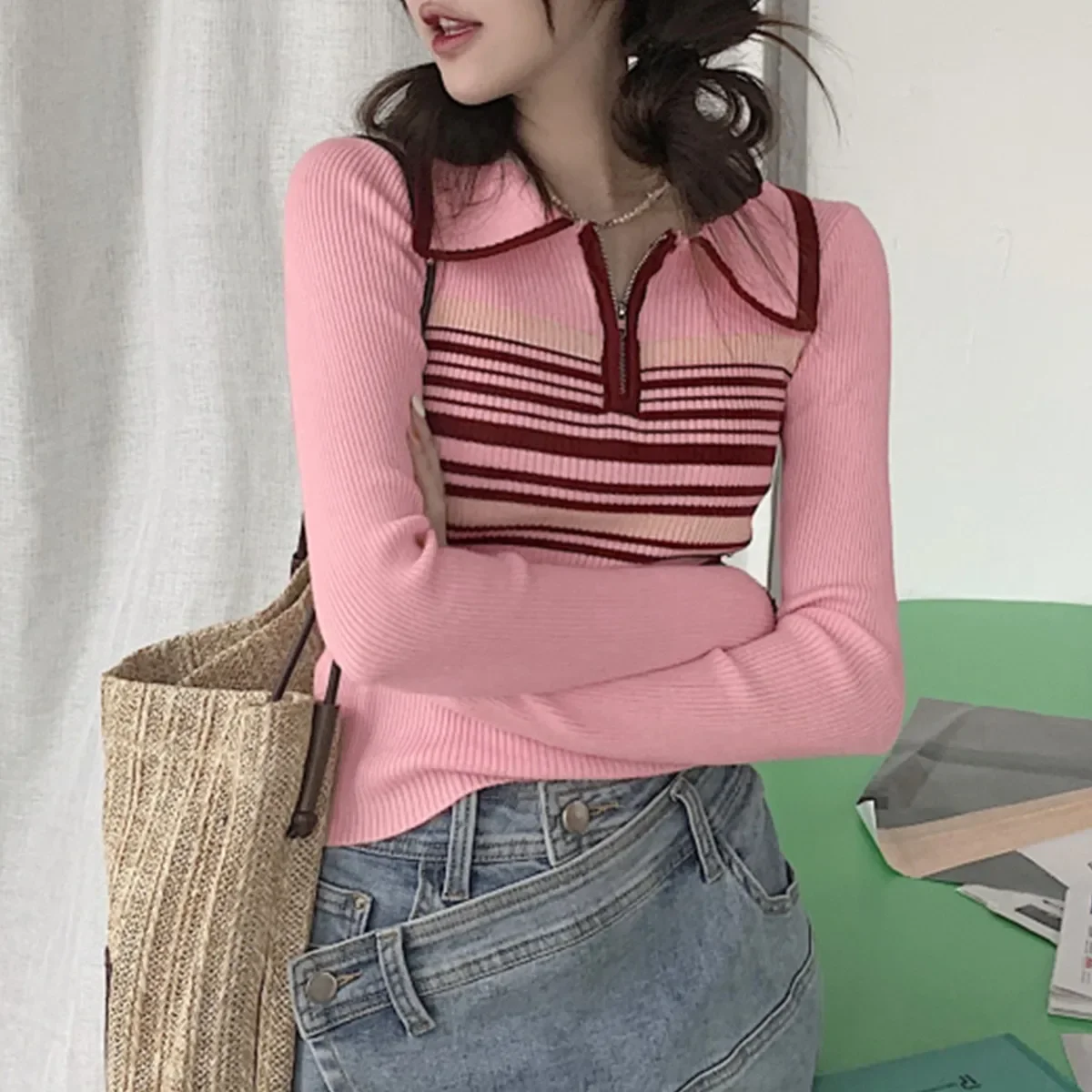 Полосатый воротник-поло с цветными блоками вязаный топ длинными рукавами