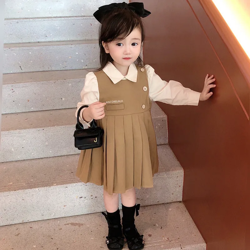 

Fall Girls Dress Spring Autumn New College Style Long Sleeve Lapel Fake Two-piece Pleated Dress Girls Clothes Dress for Girls