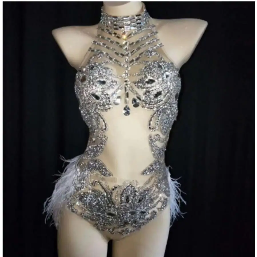 

Женское трико с перьями, блестящее серебристое боди с кристаллами, сетчатый боди, Женский танцевальный костюм, сценический костюм для бара и танцев