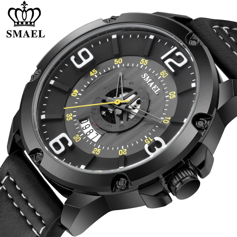

SMAEL Watch Men Fashion Sport Calendar Quartz Wrist Watch Classic Black Leather Waterproof Watches Luxury Military Male Clock