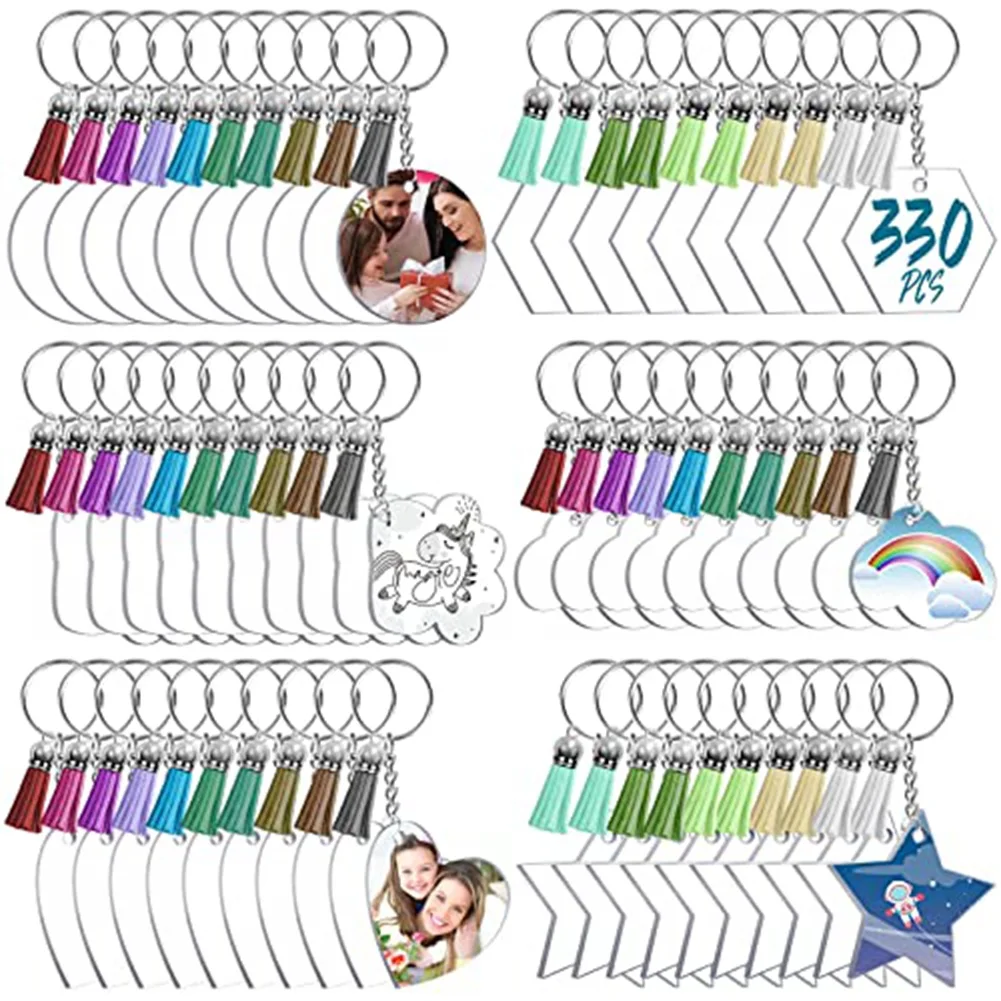 

330 PCS Acrylic Keychain Blanks 6 Shapes Clear Acrylic Keychain Blanks for Vinyl Bulk Acrylic Blanks,Keychain Tassels