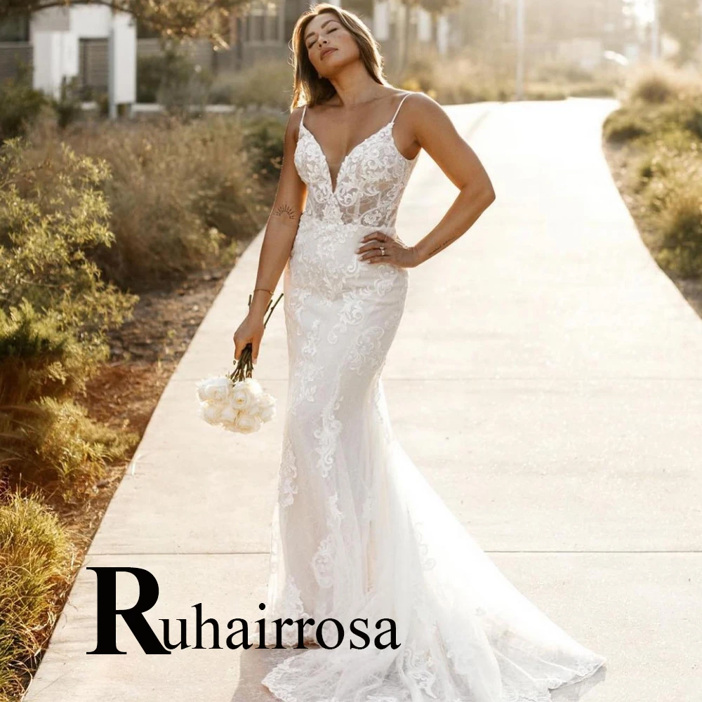 

Ruhair Glamorous Mermaid Wedding Dresses For Bride Appliques Lace V-Neck Illusion Tulle Custom Made Vestidos De Novia Brautmode