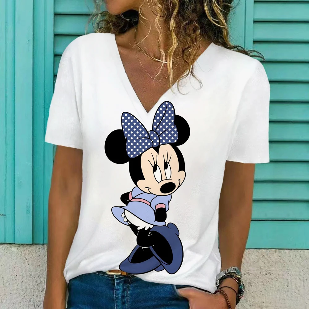 

Summer Disney Women T shirt Casual V Neck Minnie Mickey Mouse print tshirt Short Sleeves футболки Women Clothes T-shirt Top