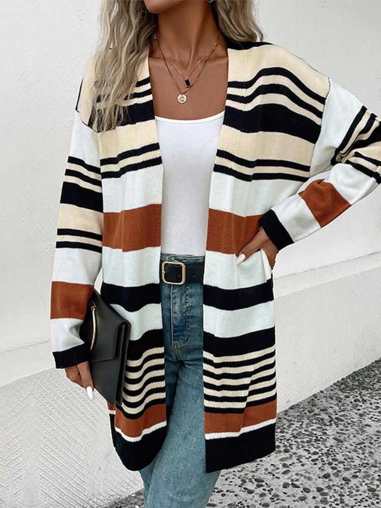 Женский Повседневный Кардиган в полоску Осень-зима