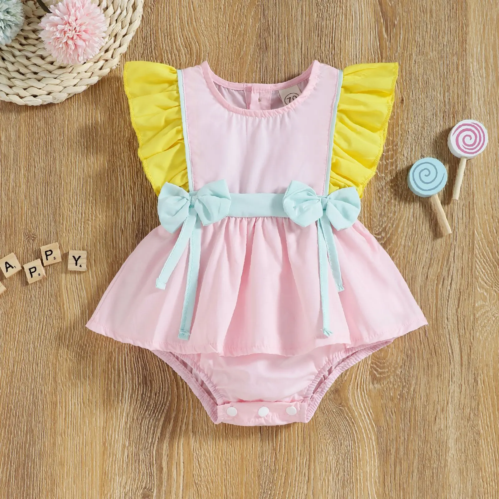 

Children Casual Romper Baby Girl Clothes Toddler Stars Print Flying Sleeve Bodysuit Infant Solid Blue And Pink Vest Jumpsuit