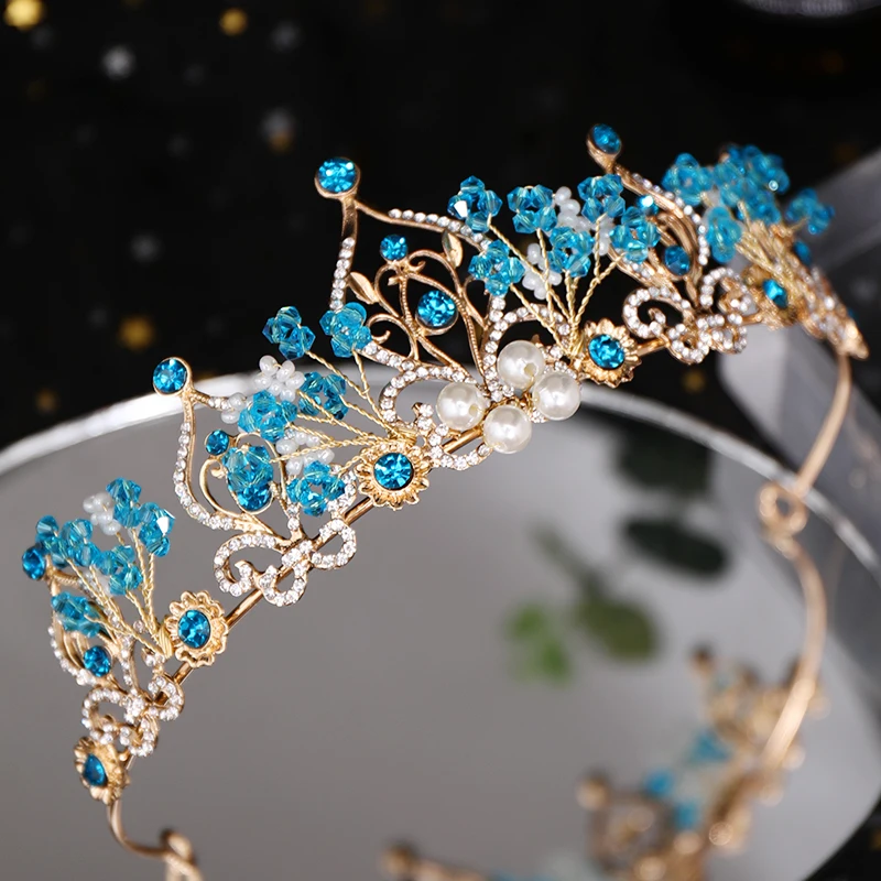 

Flower Pearl Blue Crystal Tiara Trendy Princess Crown Bridal Diadem Wedding Crown Tiaras Hair Jewelry Wedding Hair Accessories