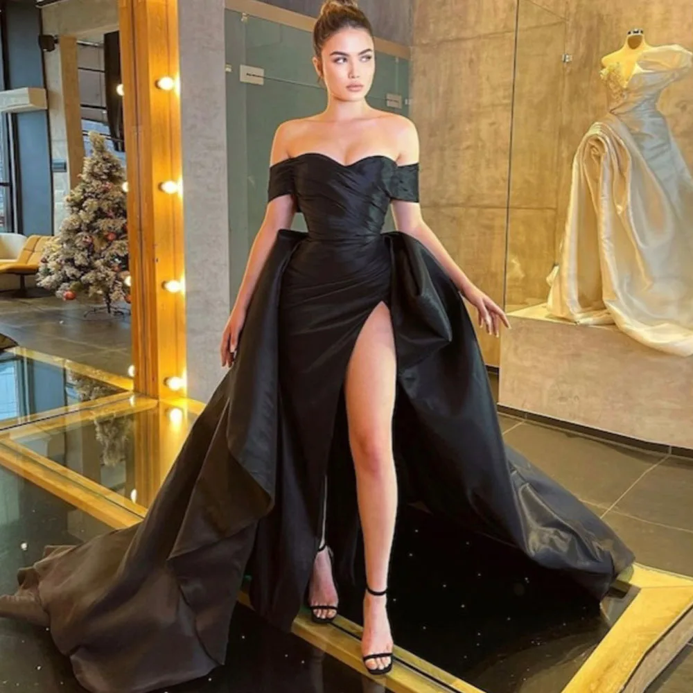 

Sevintage Black High Slit Evening Dresses Off The Shoulder Pleats Women Satin Formal Prom Party Gowns Event Celebrity Dress 2022