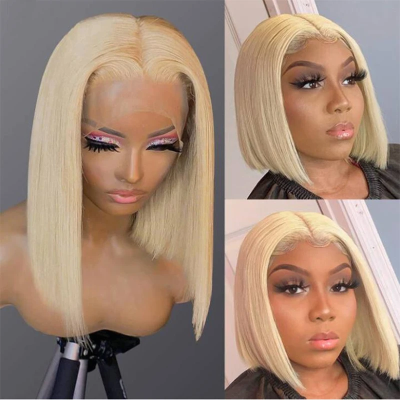 13x4 Lace Front Short Bob Wig Blonde Straight Mixed Human Hair Blend Synthetic Wig With Baby Hair 613 Glueless For Black Women