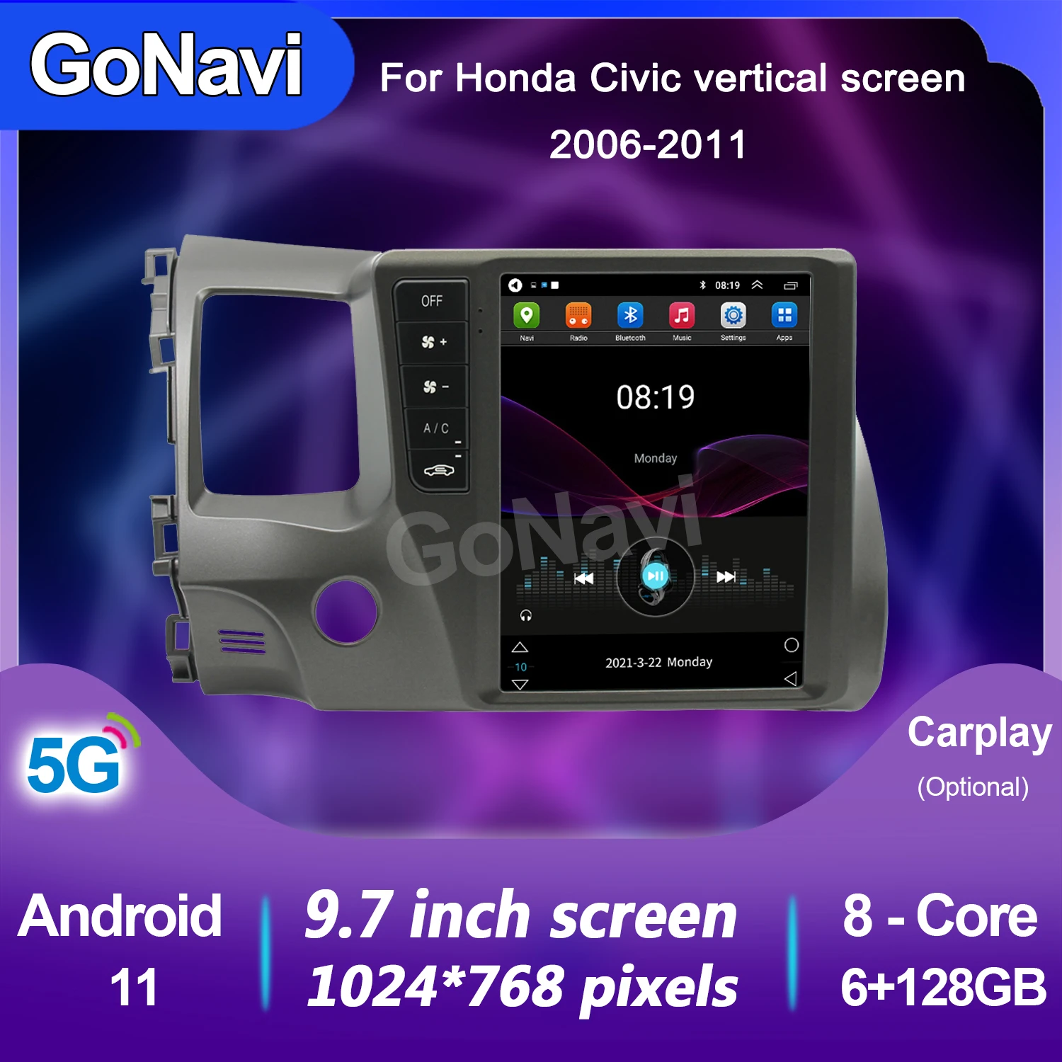 GoNavi для Honda Civic 8 ядер 2006-2011 Tesla Style автомобильное радио видео мультимедийный плеер