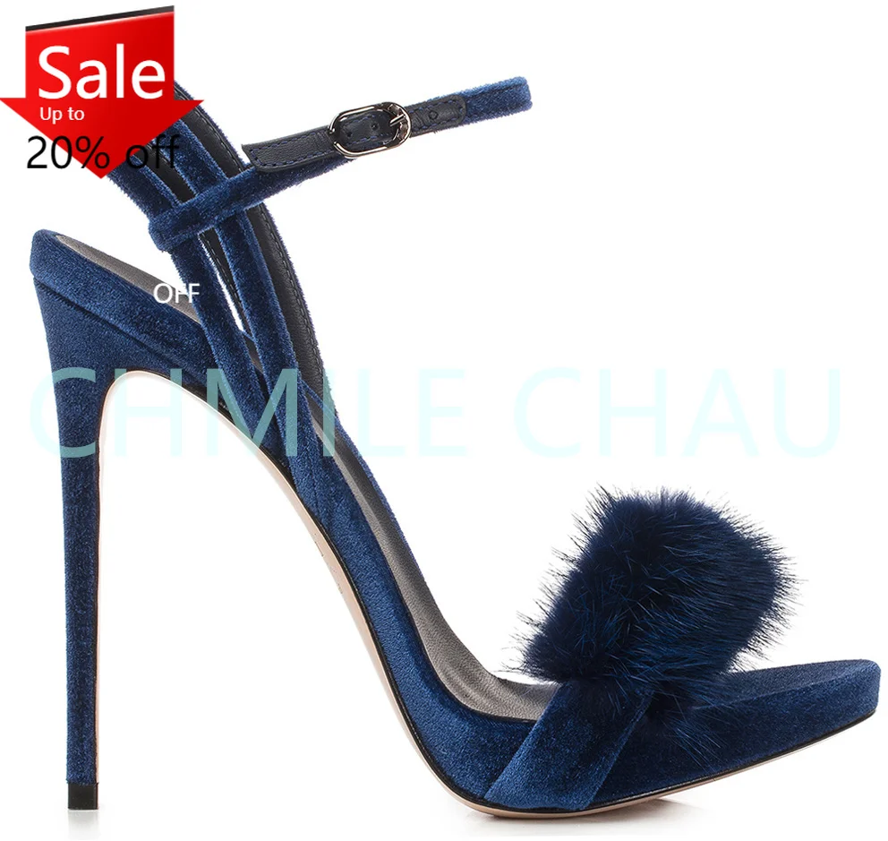 

CHMILE CHAU Women Stiletto High Heel Ankle Strap Fur Lxury Sandal Sexy Evening Party Prom Shoe Fashion Big Size Sandal 24-CHC-30