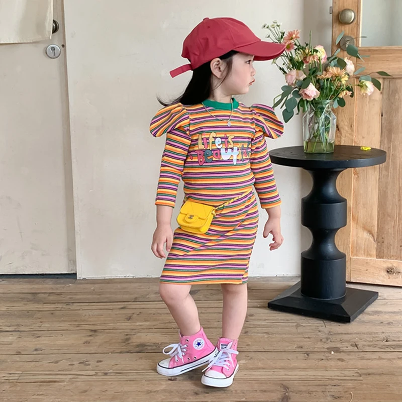 

Весенне-осеннее платье для девочек, платье на бедрах для малышей, детское платье, детская одежда, трикотажное Радужное Полосатое платье с пы...