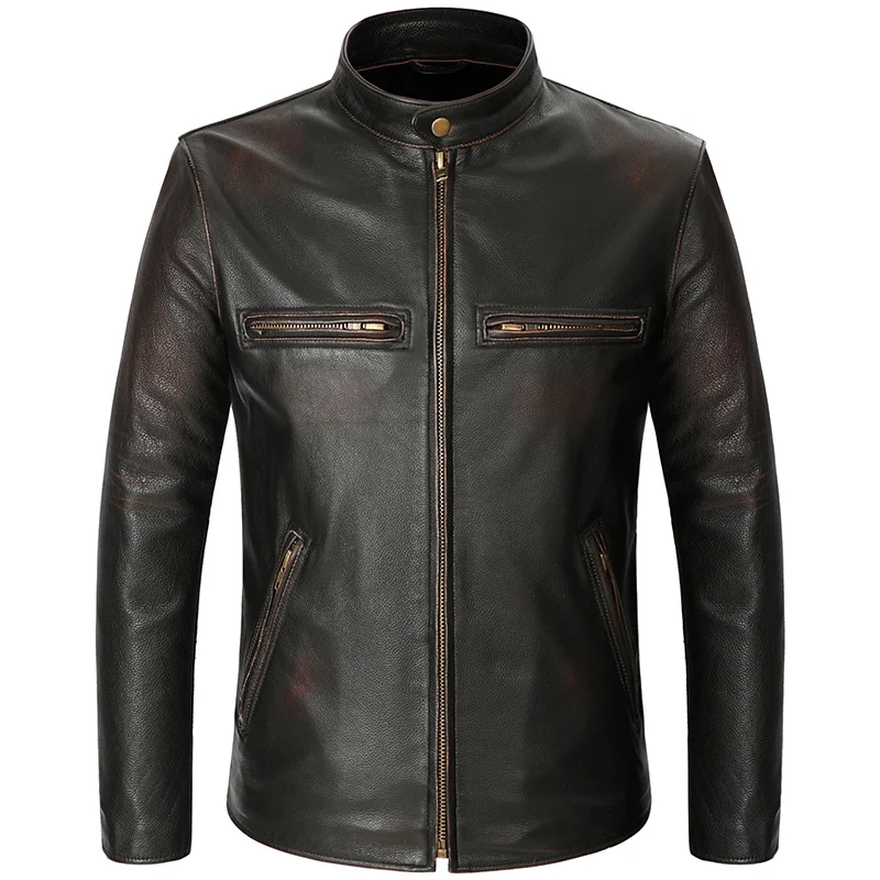 

Vintage Black Men's Spring Jacket Motorcycle Style Plus Size 6XL Natural Cowhide Autumn Slim Fit Biker Genuine Leather Coats