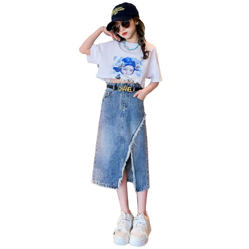 

Футболка с круглым вырезом для девочек 4-14 лет, комплект из 2 предметов, дизайнерская футболка с разрезом и необработанными краями, одежда из денима в Корейском стиле, на лето