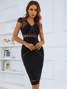2022 Summer New Deisgner Bandage Dress Women Black Short Sleeve Studded Knee Length Elegant Office Ladies Formal Dress Going Out