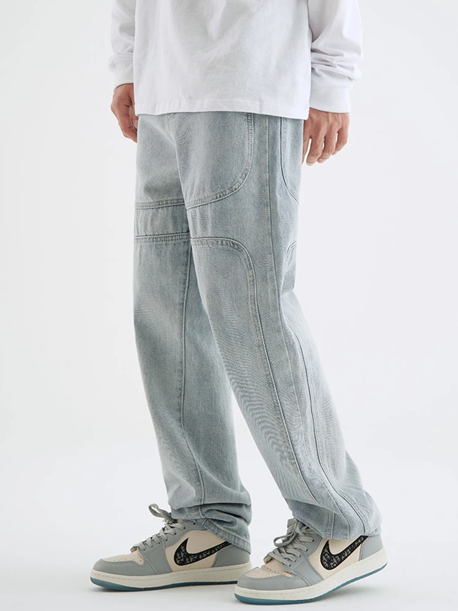 Four Seasons Men's Jeans Pants Trend Retro Straight Wide Leg Blue Jeans Loose Casual Couples High Street Denim Trousers for Men