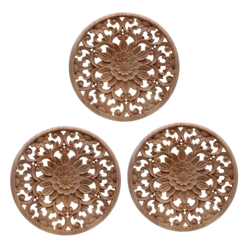 

3X Carved Flower Carving Round Wood Appliques For Furniture Cabinet Unpainted Wooden Mouldings Decal Decorative Figurine