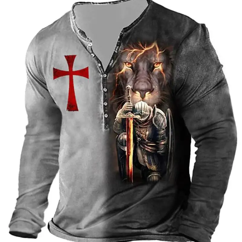 Retro Lion And Knights Templar Print Men's T-shirts Spring Summer Imitation Cotton V-Neck Long Sleeve Tops Button-Down T Shirt