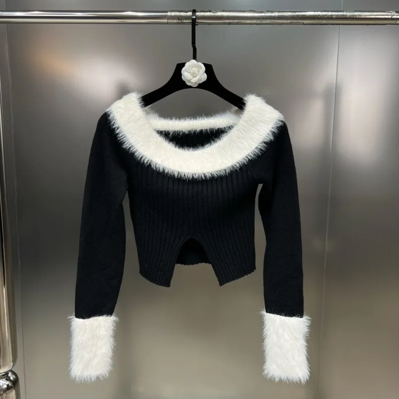 

BORVEMAYS Women Knitting Sweater Pullovers 2023 Winter New O Neck Long Sleeve Keep Warm Patchwork Fashion Trend WX266