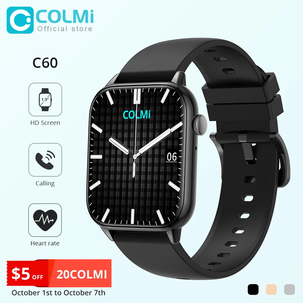 COLMI C60 Smartwatch 1.9 inch Full Screen Bluetooth Calling Heart Rate Sleep Monitor 19 Sport Models Smart Watch For Men Women