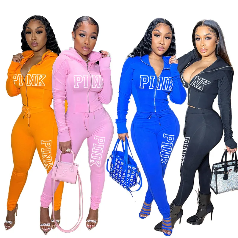

Casual Two Piece Women Fall Winter Outfits Long Sleeve Hoodies Solid Color Printed Tracksuit Clothes 2022 Ladies Suit