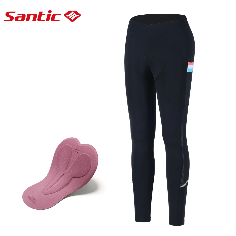 Santic Women's Cycling Long Pants With 4D Padded Breathable Reflective MTB Riding Tights Bicycle Pocket Leggings Sports Trouser