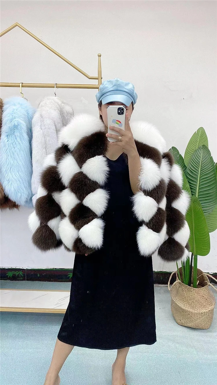 New Winter Real Fox Fur Coat Plaid Checkerboard Pattern Luxury Overcoat For Ladies Natural Fur Jacket Thick Warm Streetwear enlarge