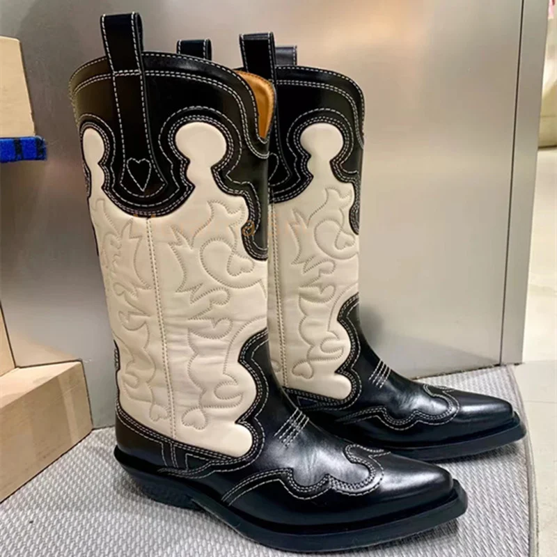 Chunky Heel Knight Boots Embroidery Stitching Leather Boots Women Knee High Boots Western Cowboy Boots All-Match Ladies Shoes