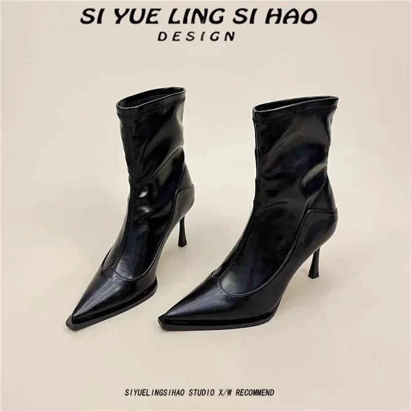 Женские полусапожки на высоком каблуке элегантные с острым носком размер 35-39