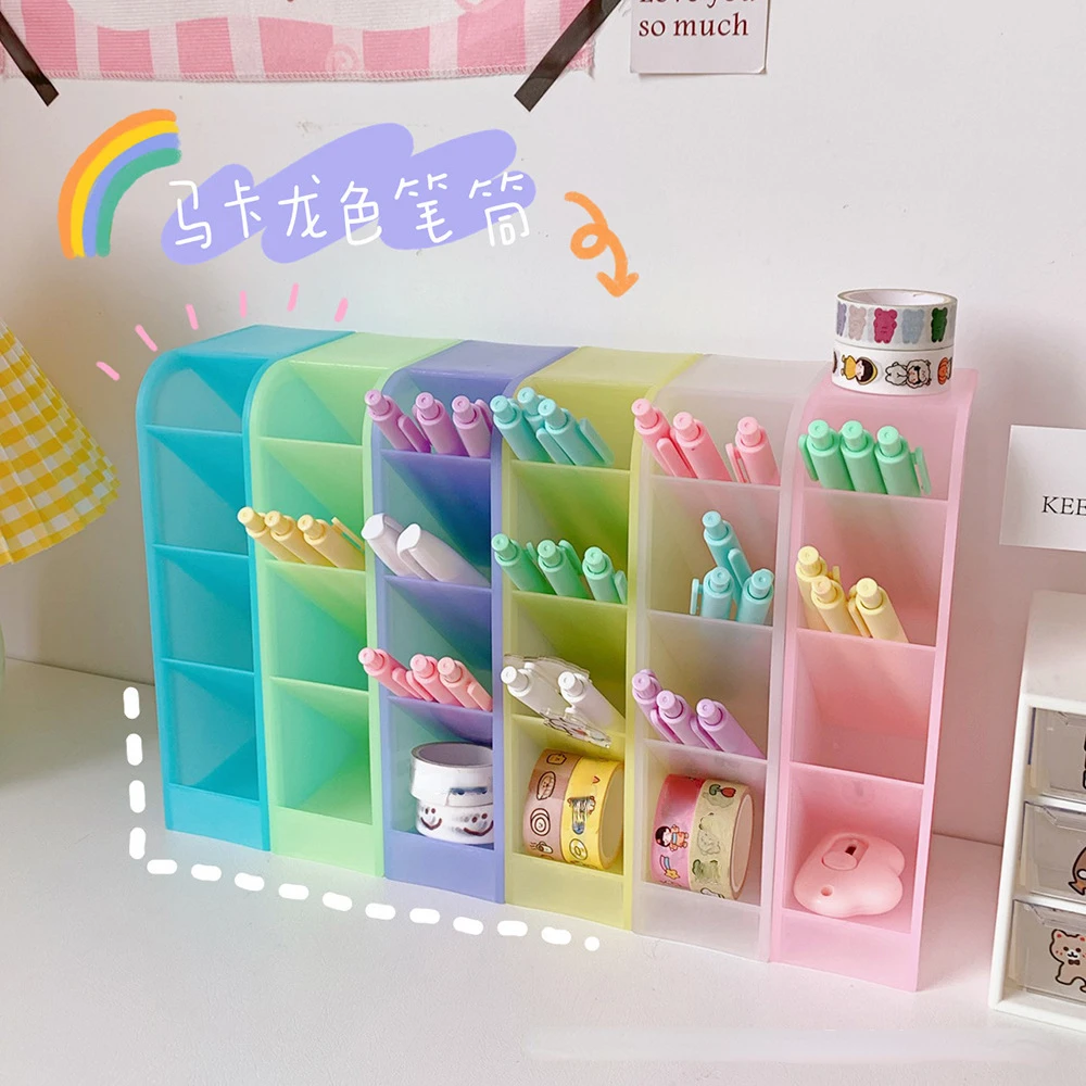 Kawaii Pen Holder 4 Girds Desktop Organizer Big Size Desk Cosmetics Pencil Storage Box Office School Stationery Macaroon Color