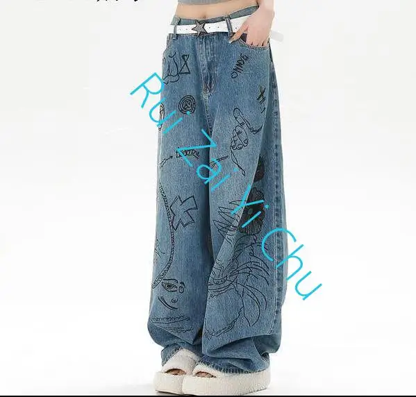 

Европейские и американские супер пряные ручная роспись граффити дизайн Sense High Street Хип-хоп универсальные свободные ретро джинсы с потертостями