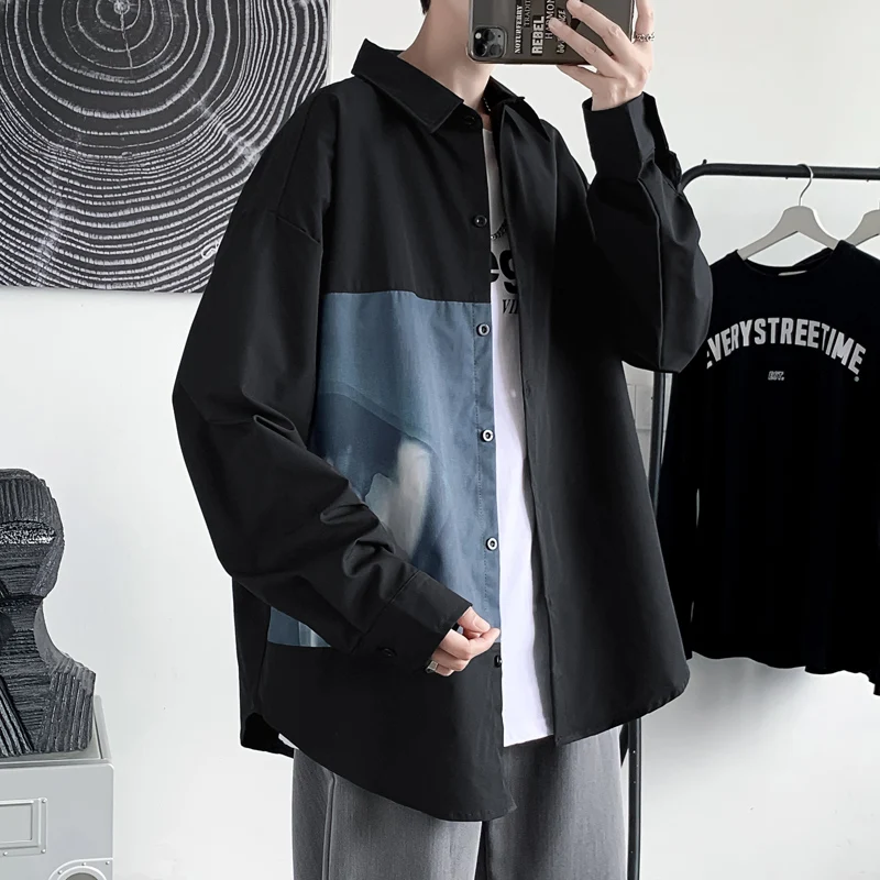 Shirts Men Autumn Japanese Casual Basic Loose Simple Patchwork Fashion Classic Teens BF Handsome Chemise Retro Homme All-match