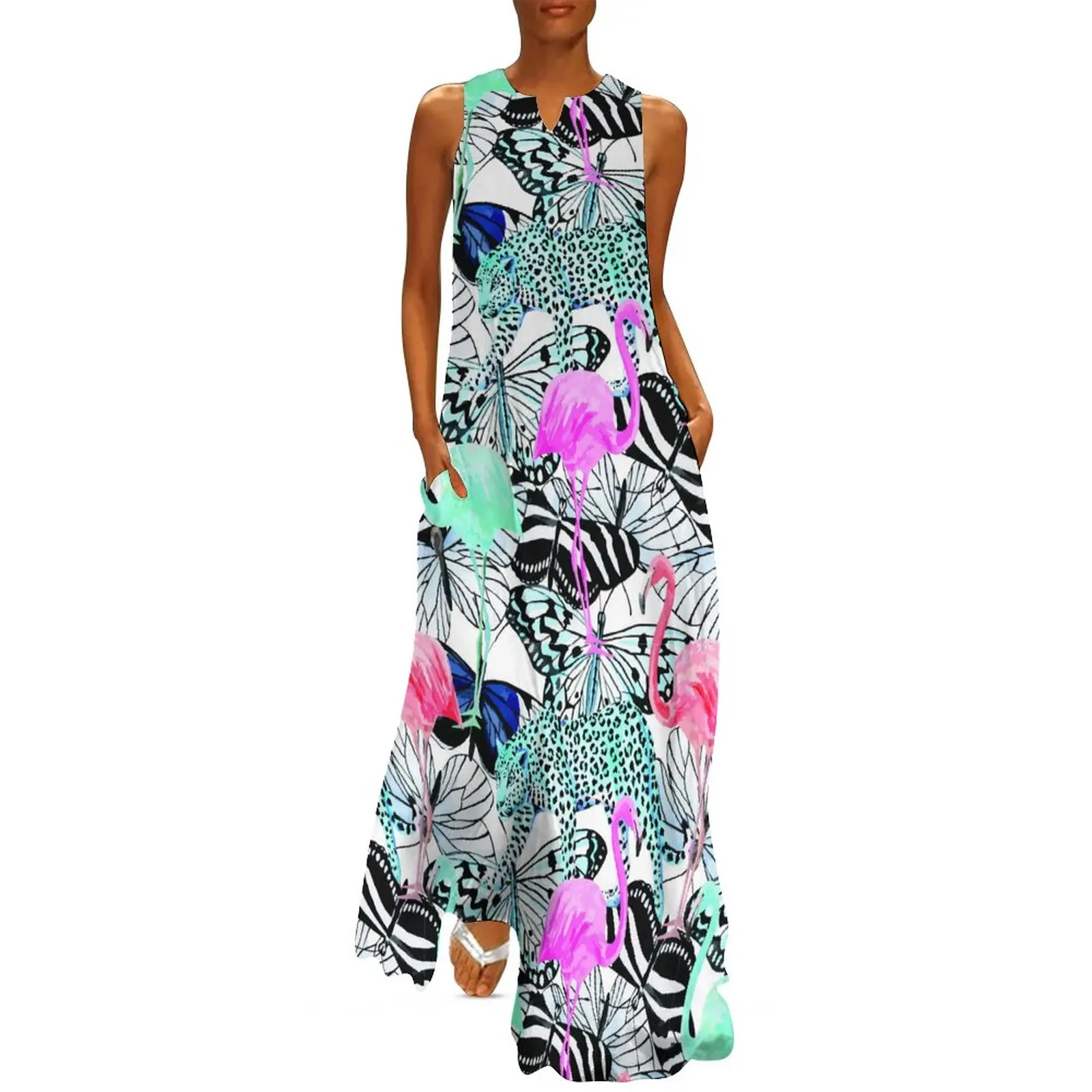 

Cheetah Animals Trendy Dress Flamingo Butterfly Print Elegant Maxi Dress V Neck Graphic Street Fashion Boho Beach Long Dresses