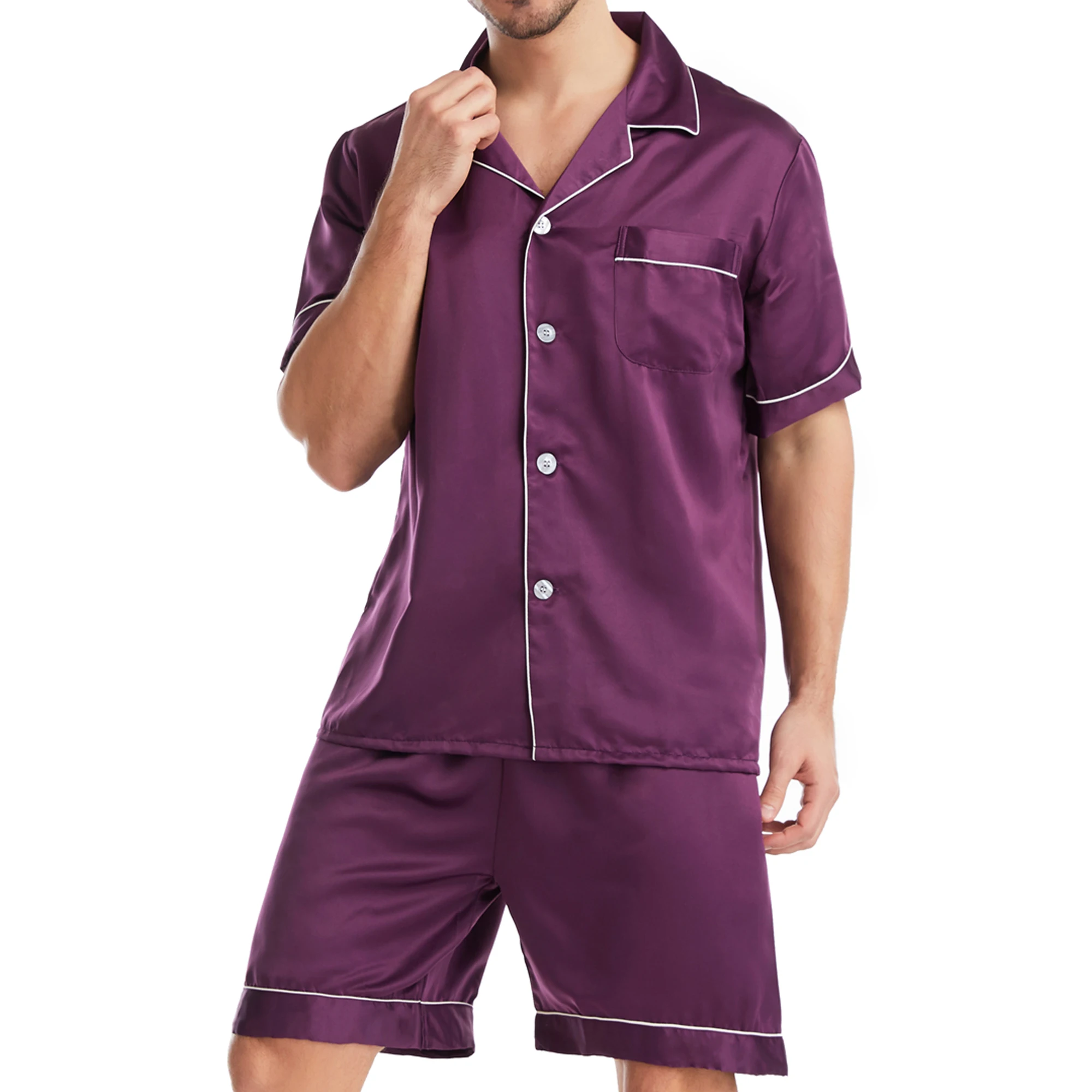 Men Silk Satin Pajamas Pyjamas Set Sleepwear Set Loungewear Short Sleeve Button T-Shirt Tops with Elastic Waistband Boxer Shorts