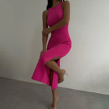 Sexy Maxi Dress Women Split Bodycon Dress Knitting Slim Solid Casual Dresses Simple Ladies Dress Tank Top Dresses 1