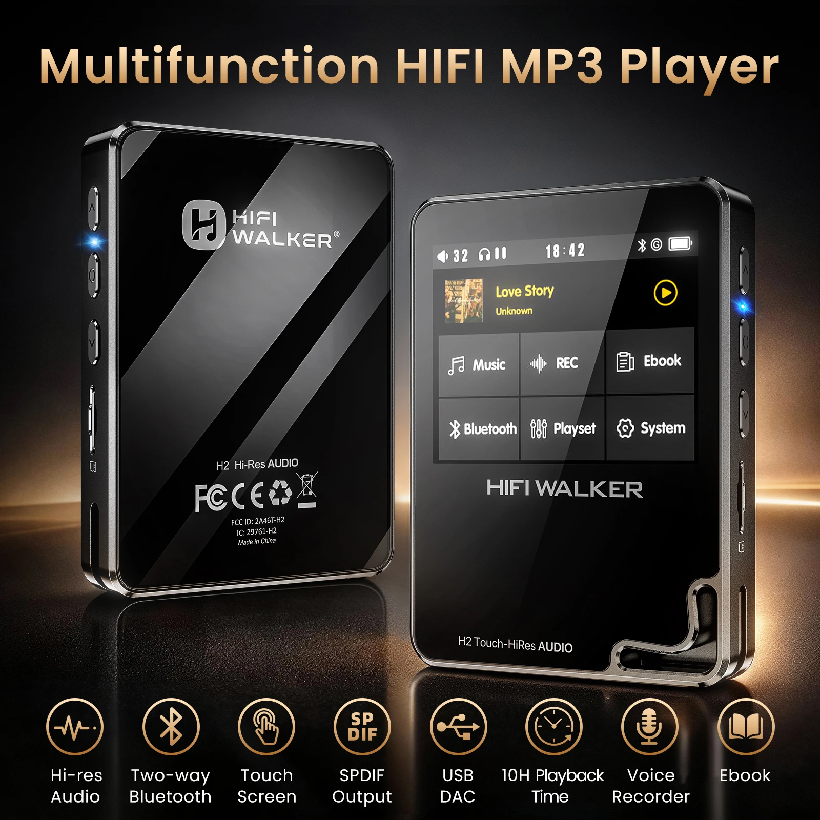 Фото HiFi Walker H2Touch Hi-Res музыкальный плеер MP3 с сенсорным экраном, USB DAC, HIFI, FLAC, DSD128, Bluetooth 5.2, 64 ГБ (до 512 ГБ) №2