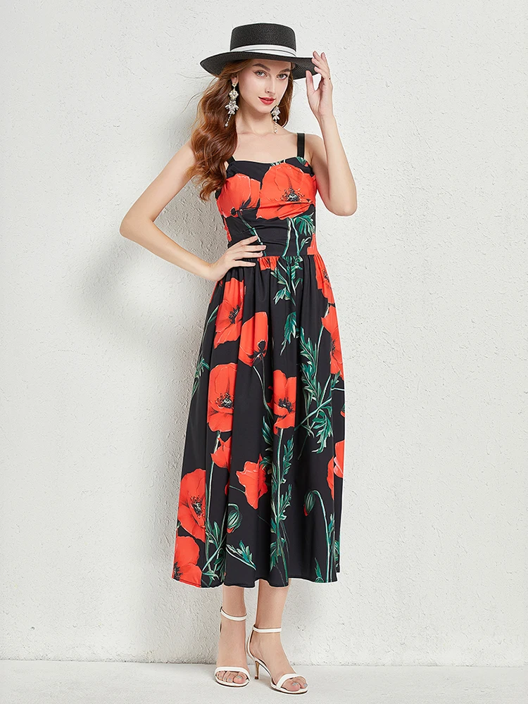 High Quality Fashion Runway dress Summer Women's Dress Spaghetti Strap High waist Floral print Balck Party Silk Dresses