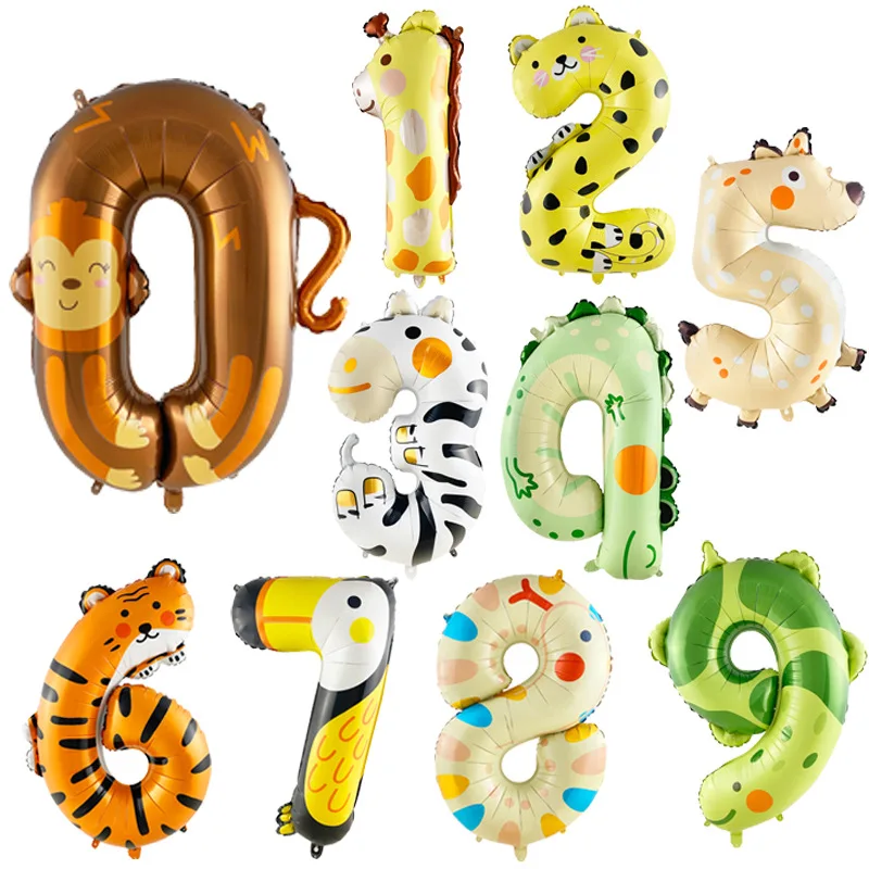 

3D Cartoon Animals 0-9 Number Foil Balloons Jungle Safari Birthday Decor Digit Air Ballons Birthday Party Baby Shower Decoration