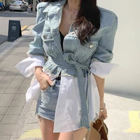 new 2021 spring autumn korean chic splicing womens denim jackets patchwork sashes lace up outerwear high street fashion jeans